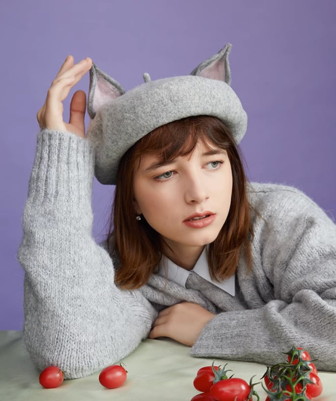 silver fox ears wool felt beret