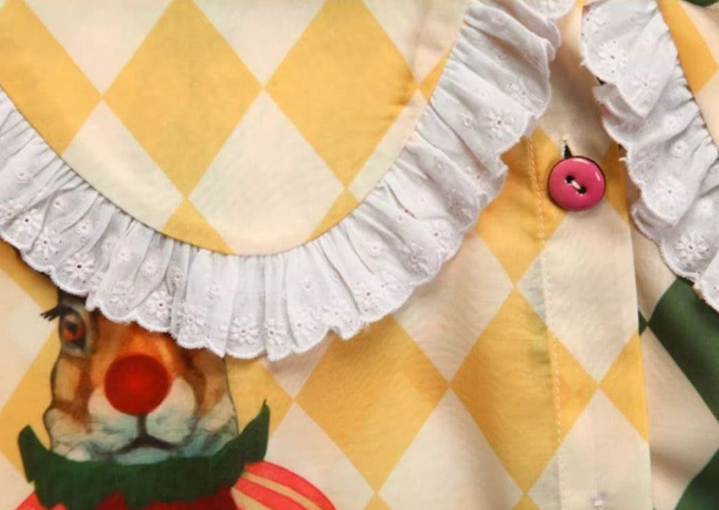 Fairy tale two rabbits color button diamond check seven sleeve shirt