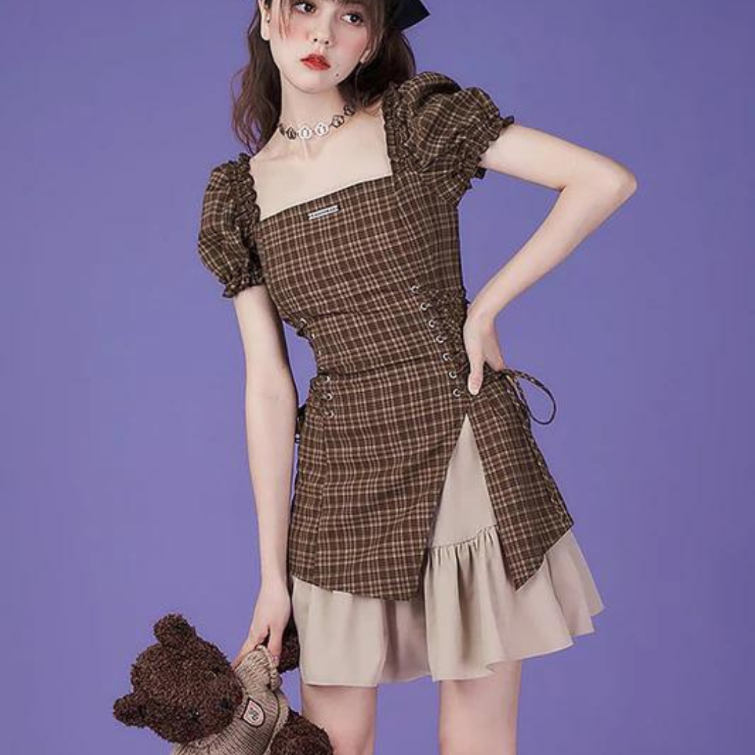 British girl side lace up plaid frill dress remulia