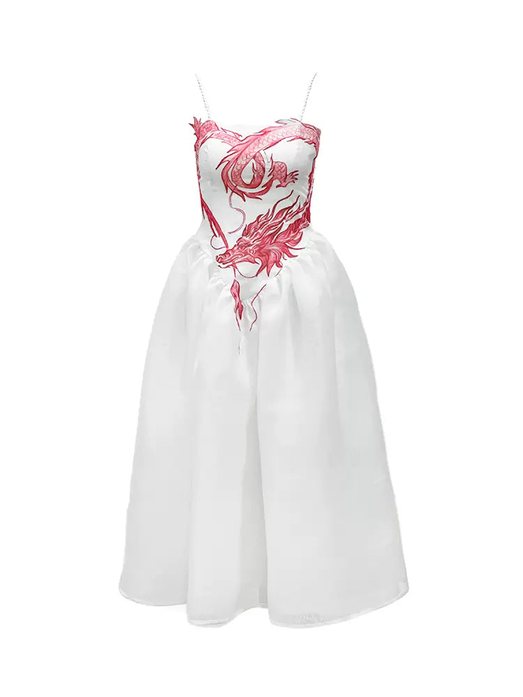pink dragon patch button rope suspender dress