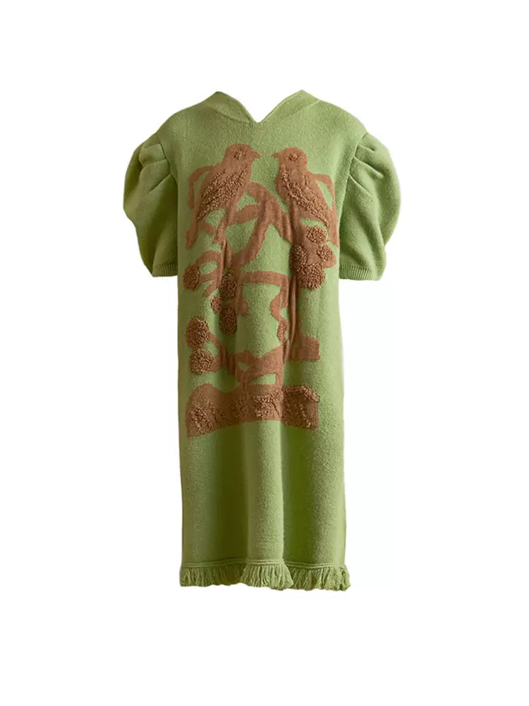 tassel flower and bird puff sleeve sweater dress