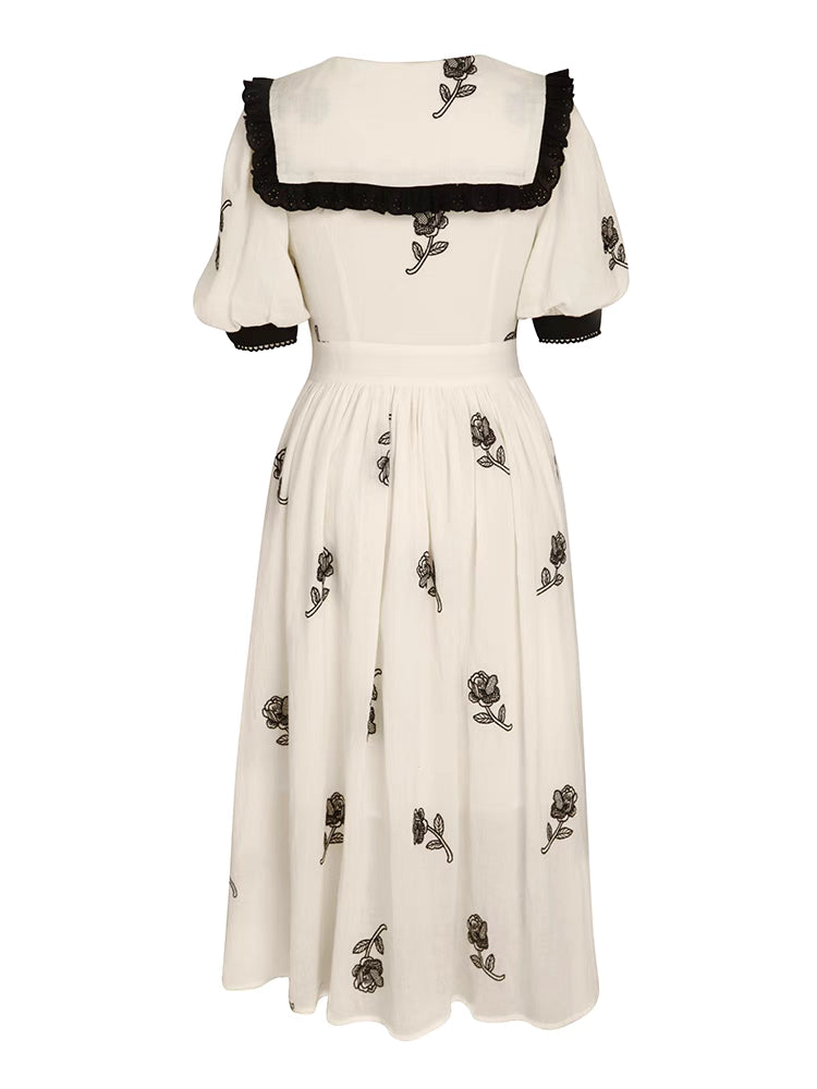 High Waist Lace Collar Cotton Rose Dress