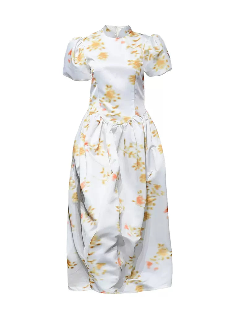 hand-painted tree shadow flower pattern printed dress