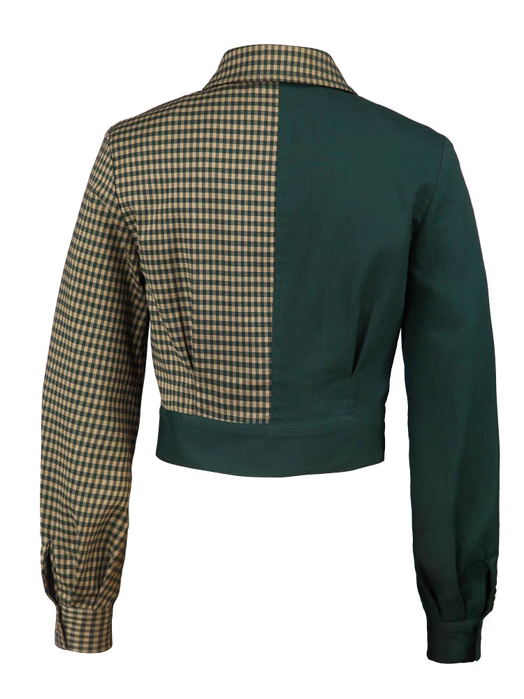 Retro Long Sleeve Plaid Splicing Niche Top