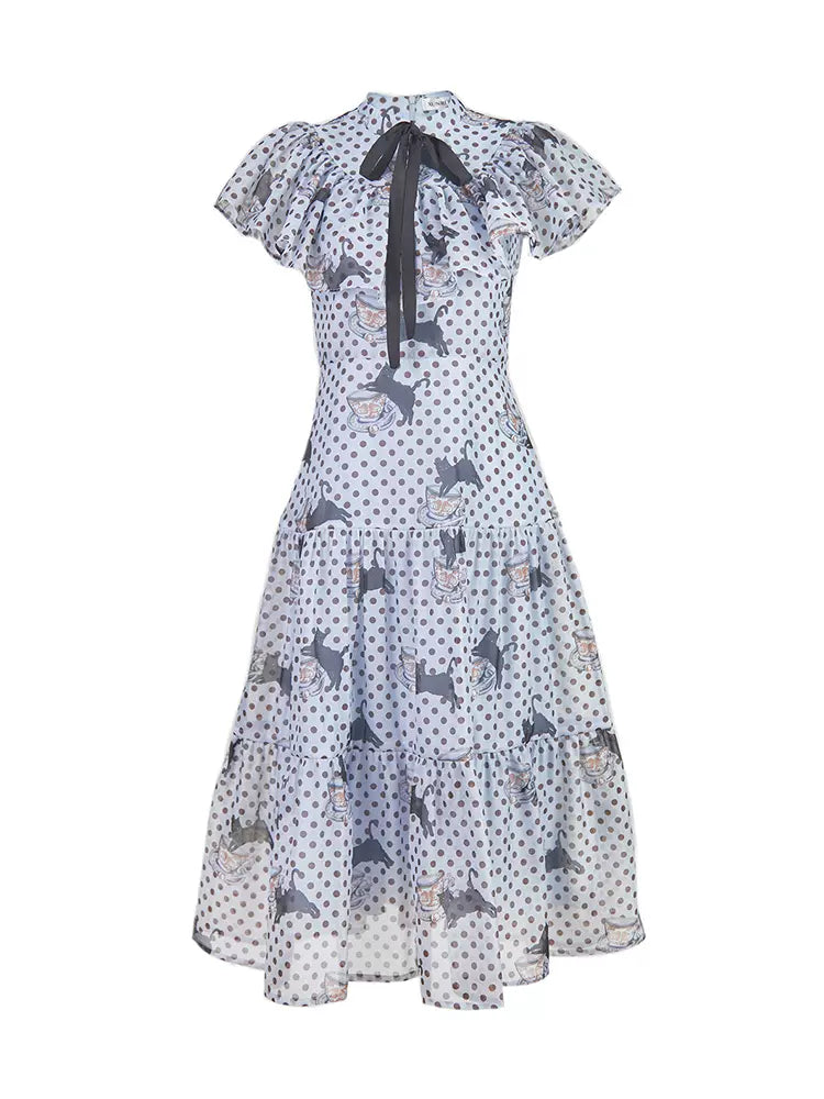 lotus leaf collar cat polka dot print dress