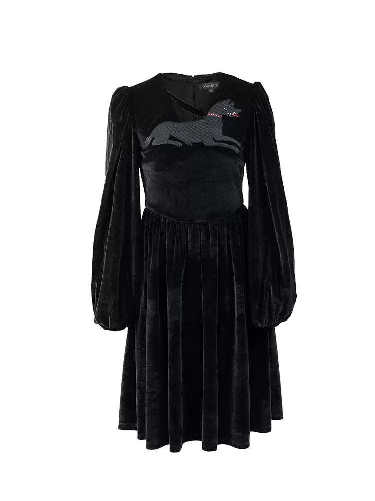 dog animal embroidery black velvet dress