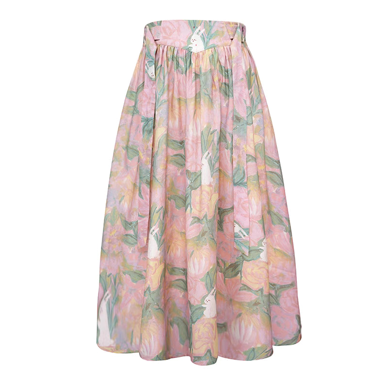 Retro Print Japanese Buckle Belt Skirt