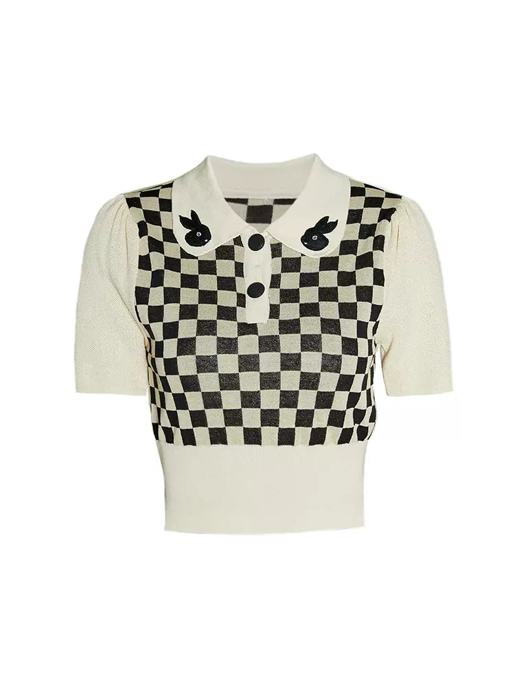 Checkerboard Black Rabbit Embroidery T-Shirt