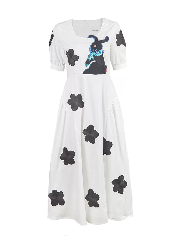 rabbit flower embroidery waist dress