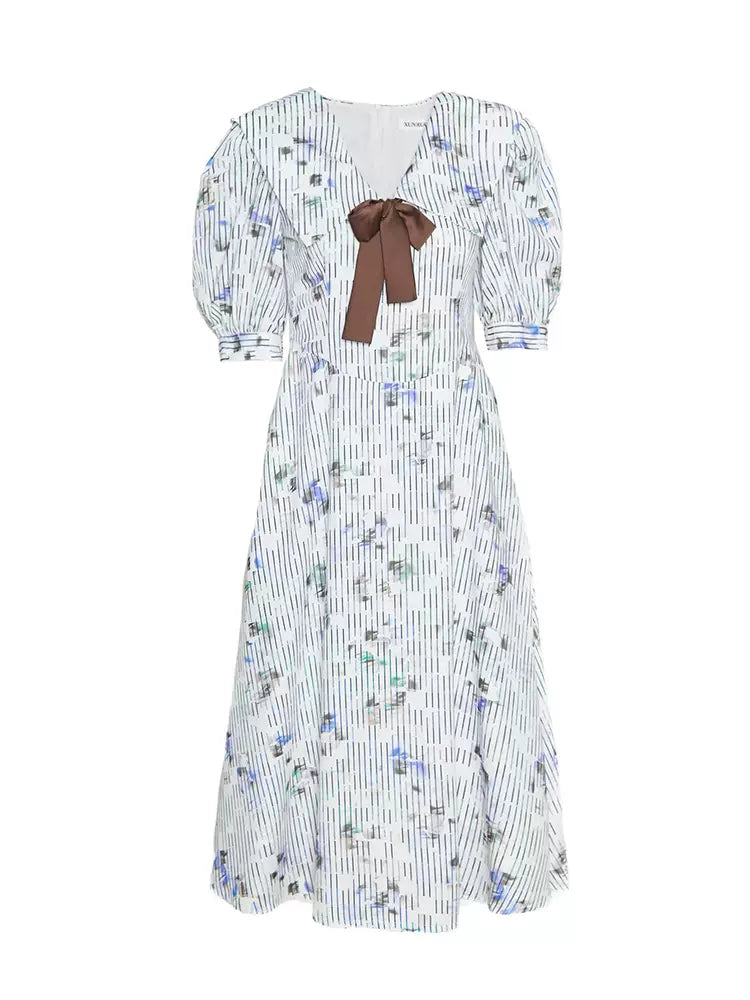 bow lapel fresh print dress