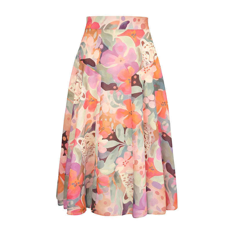 Pink Print Leopard High Waist Umbrella Skirt