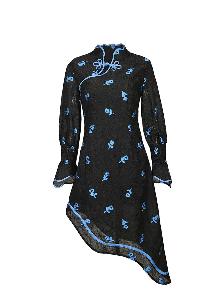 small blue flower wavy hem dress