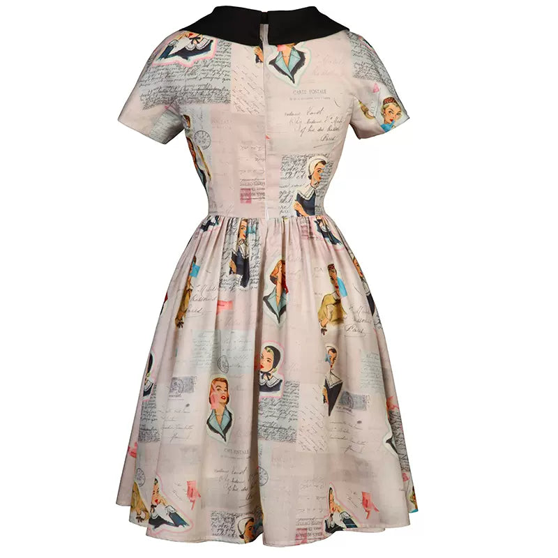 Retro Girl Print Color Bow Round Neck Dress