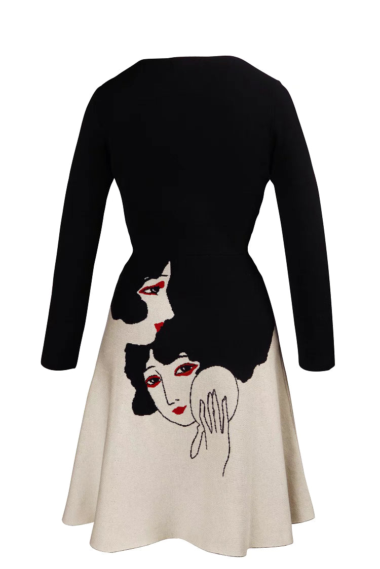 round neck long sleeve jacquard dress