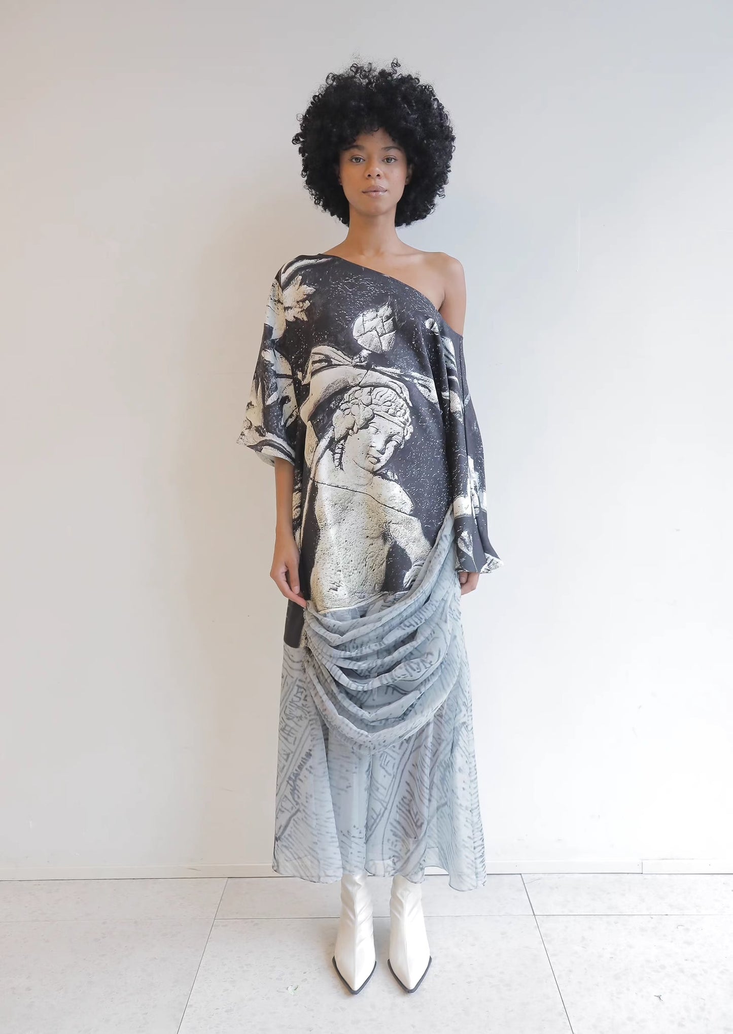 original portrait print oblique shoulder long dress