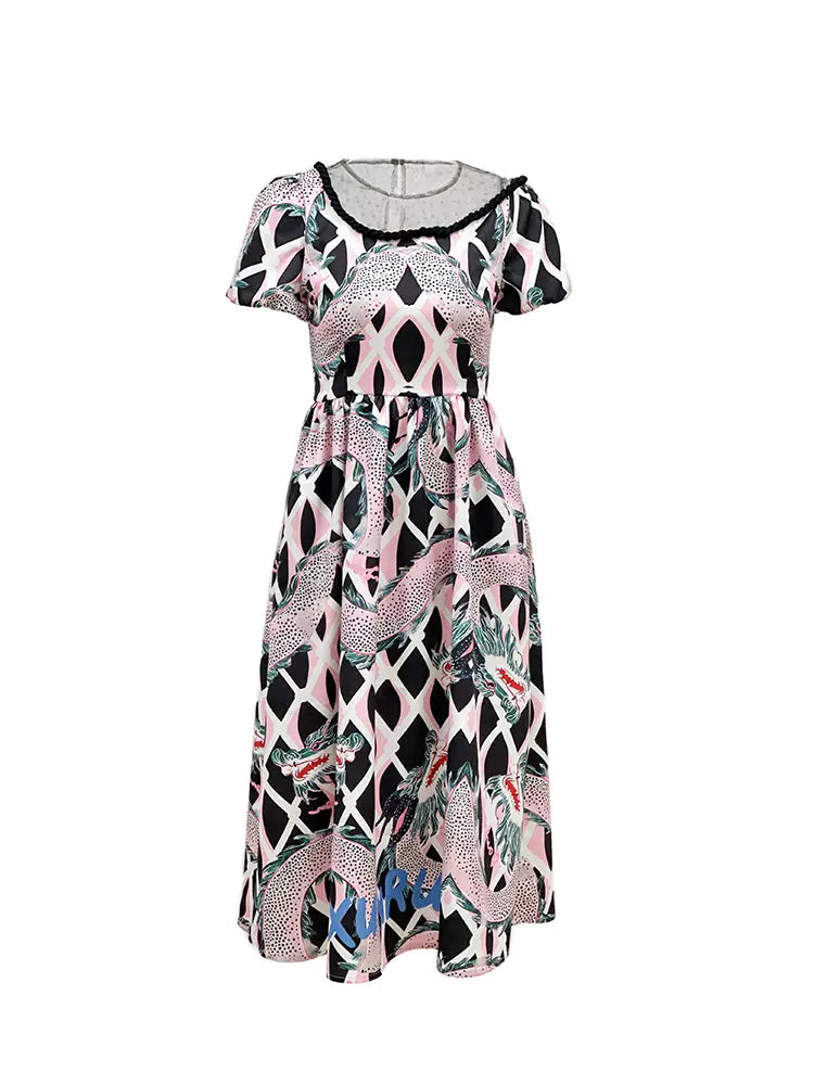 button rope round neck pop dragon print dress