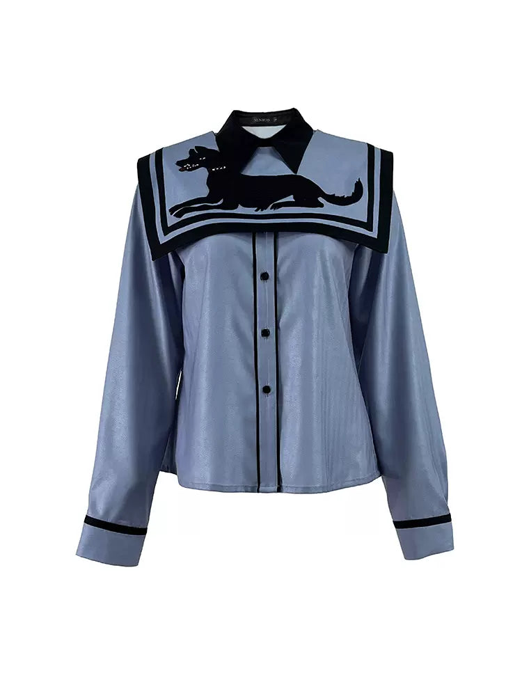 dog embroidered square long-sleeved shirt