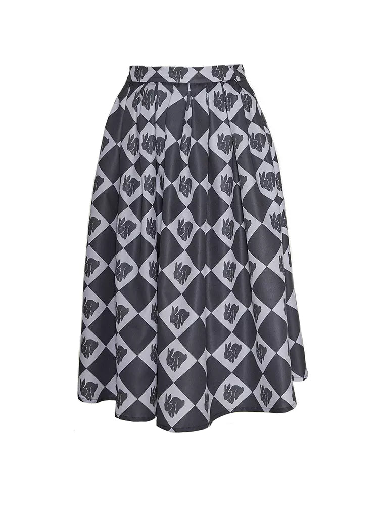 rabbit silhouette retro gray and blue rhombus pleated skirt