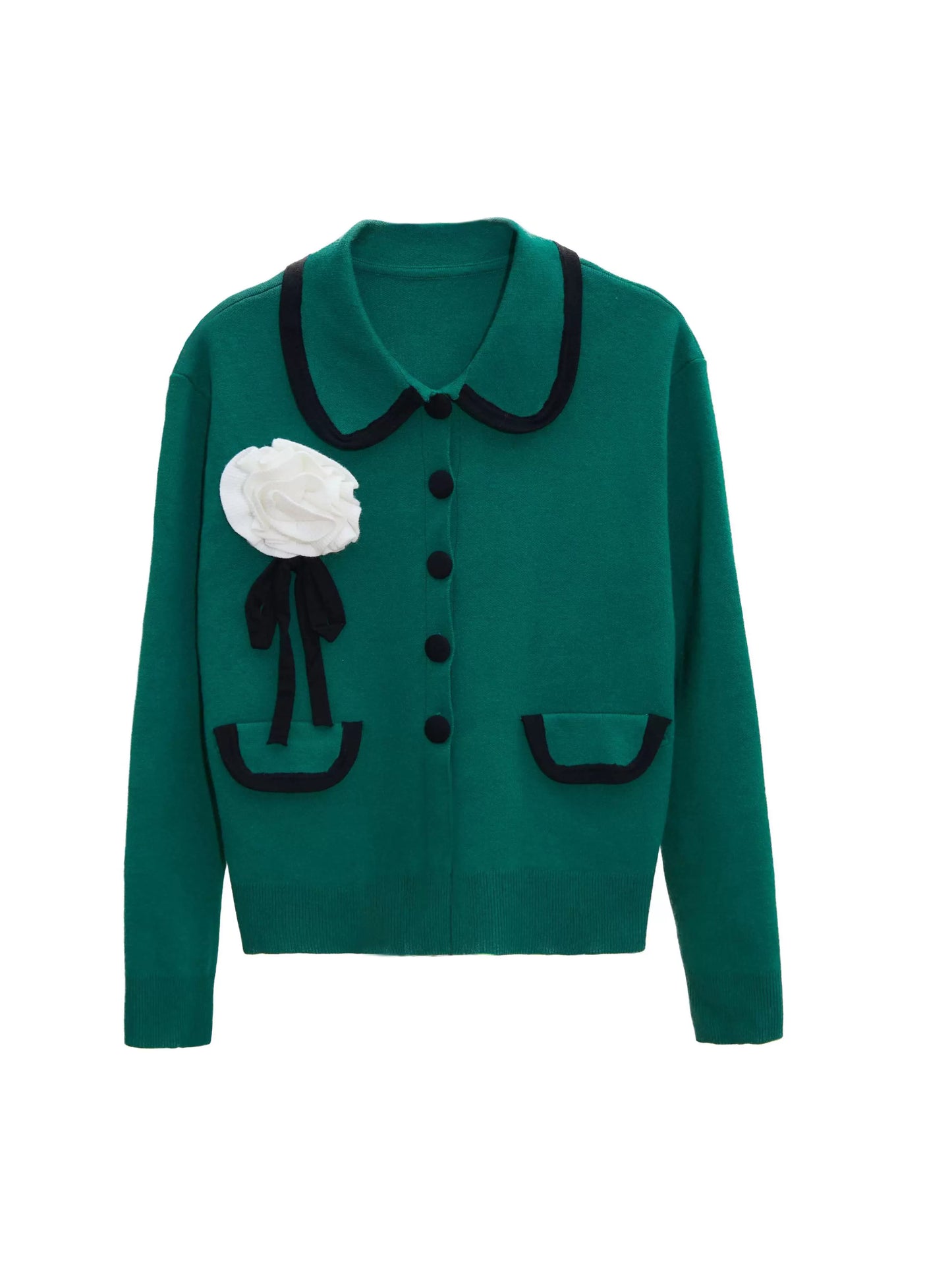 flower green trim sweater cardigan