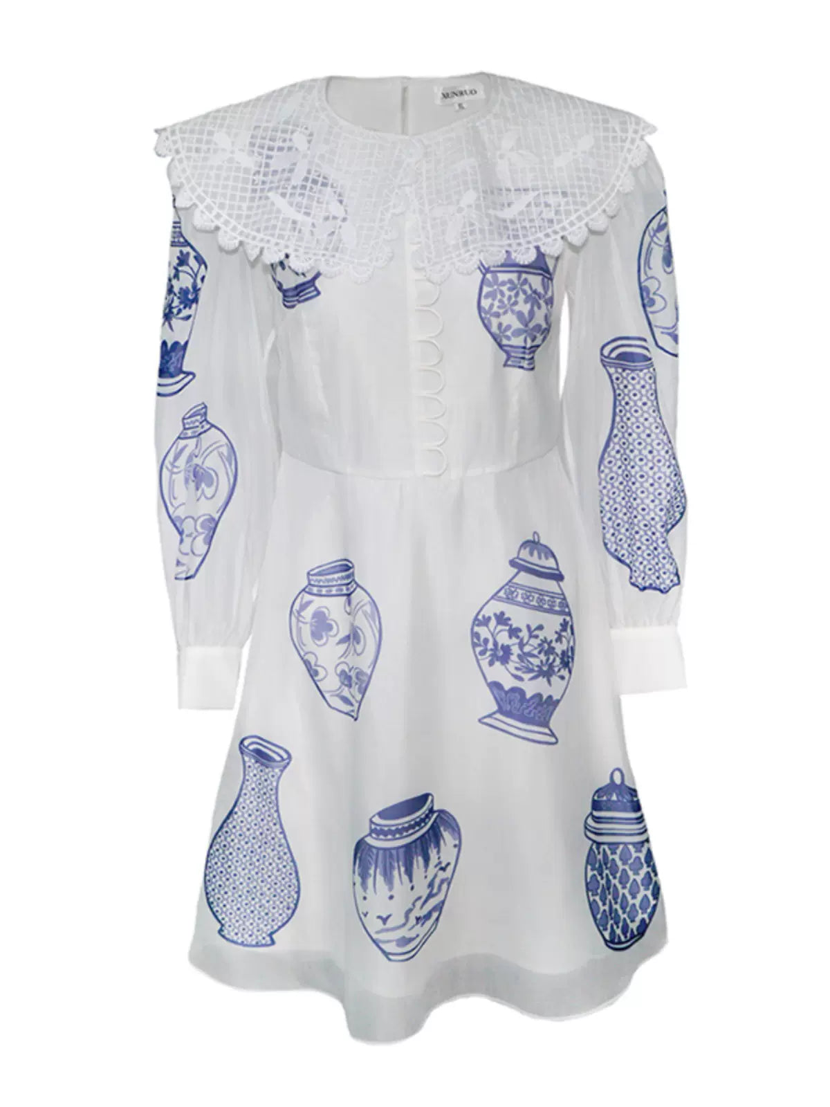 blue and white porcelain embroidered large lapel long-sleeved dress
