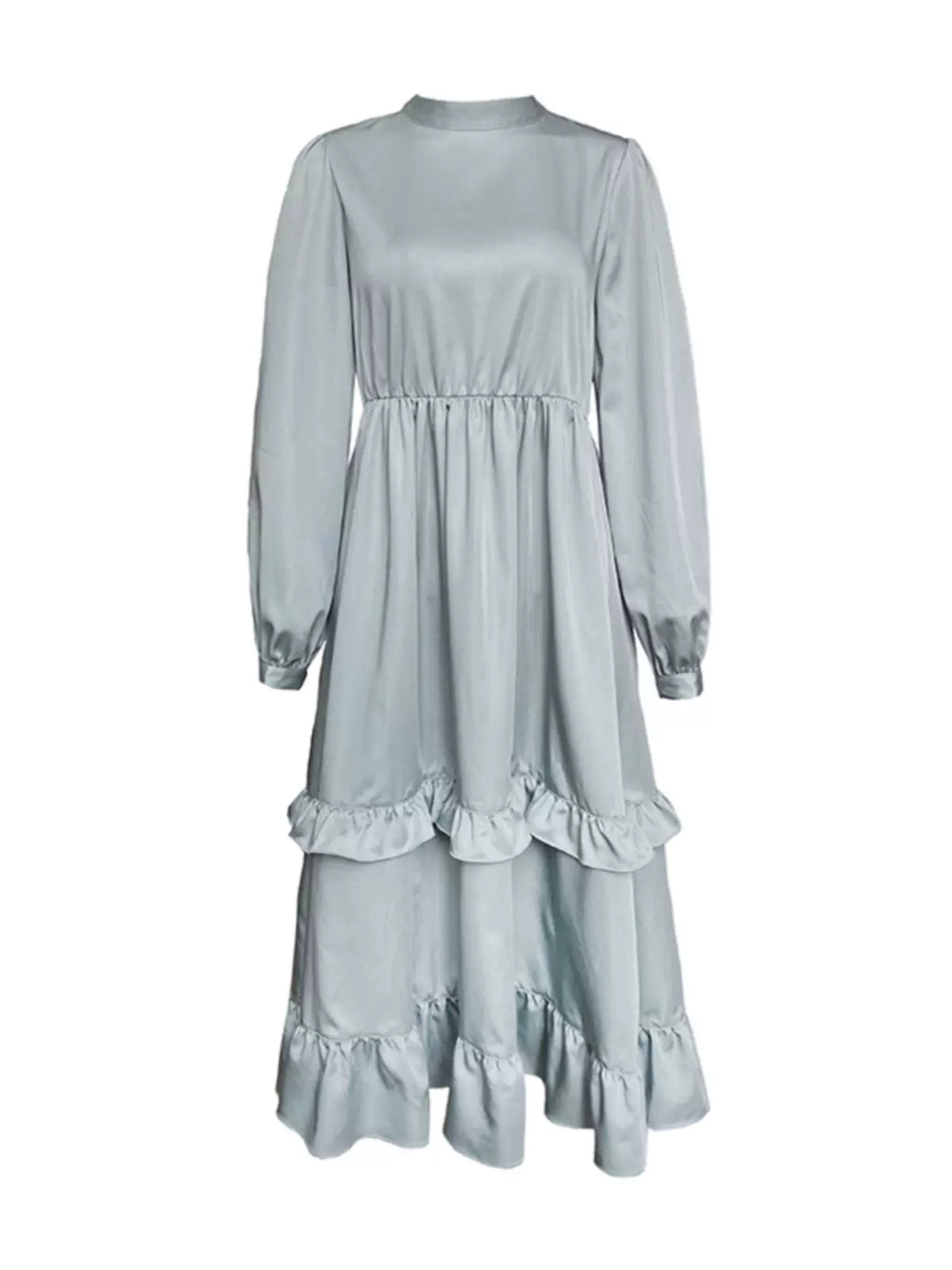 gray green ruffled stand collar Tencel dress