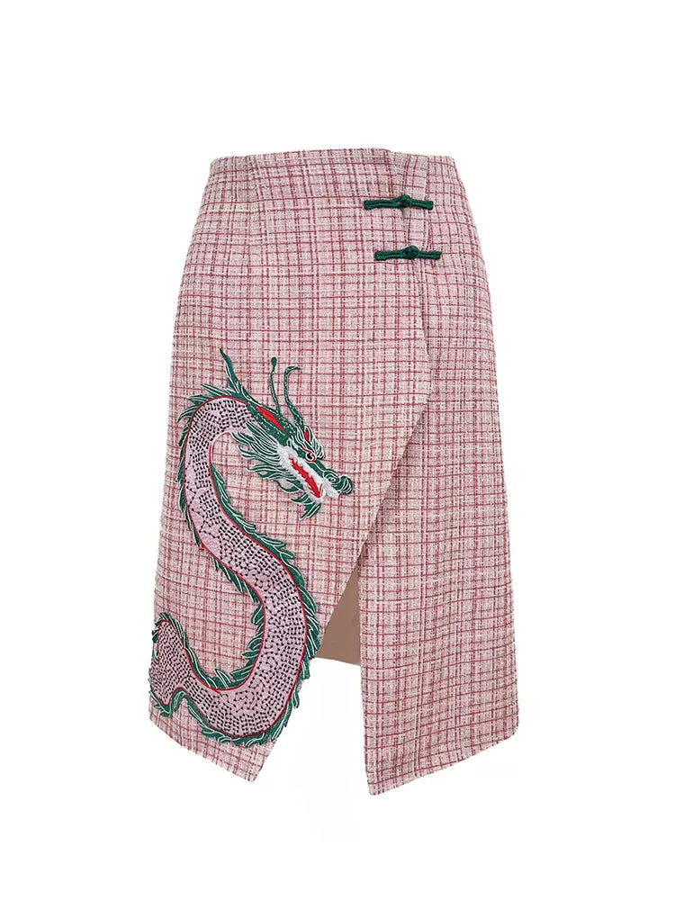 Popron dragon embroidered tweed slit skirt