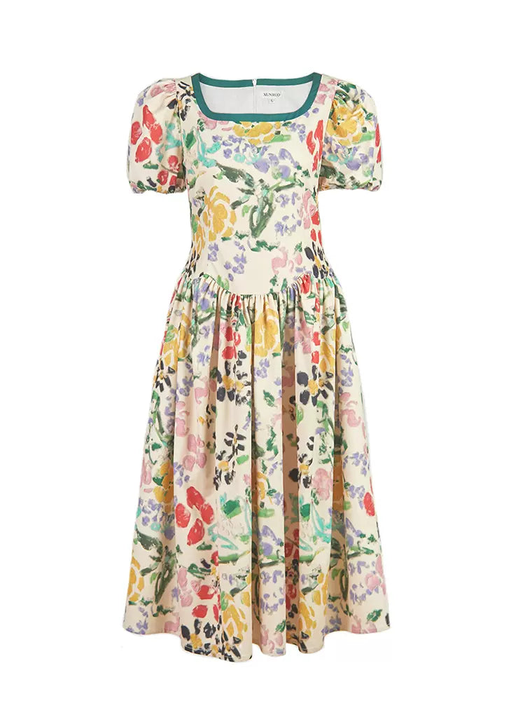 Yellow and Green Floral Puff Sleeve Dress