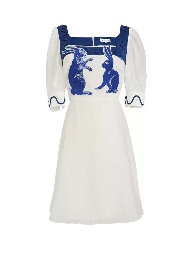 blue and white rabbit embroidered pearl retro square neck dress