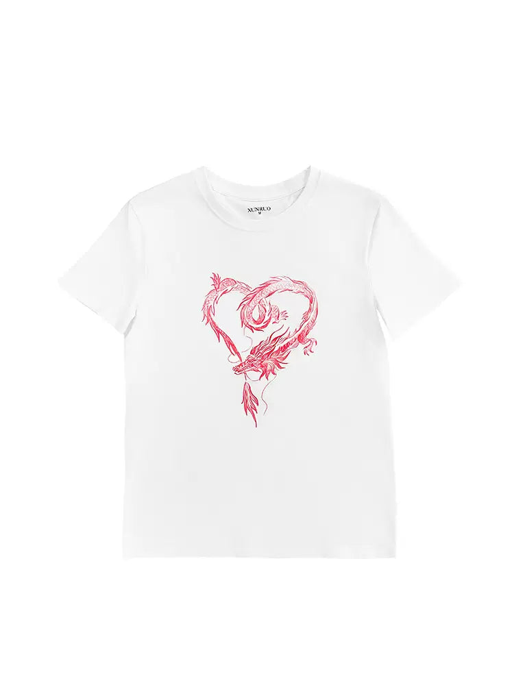 dragon sticker white round neck short-sleeved T-shirt