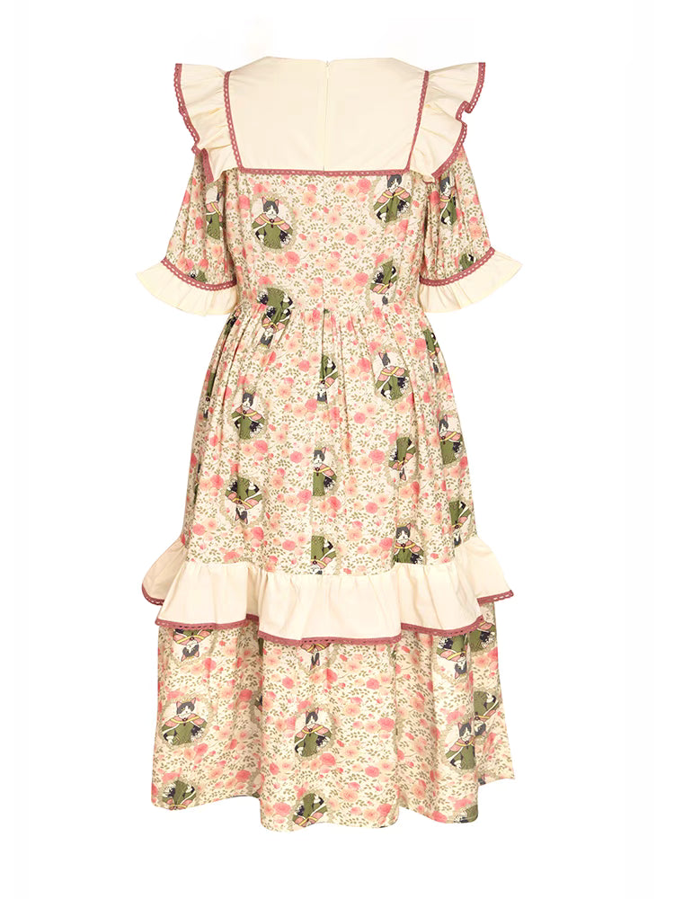 floral print ruffle slim tea break cat dress
