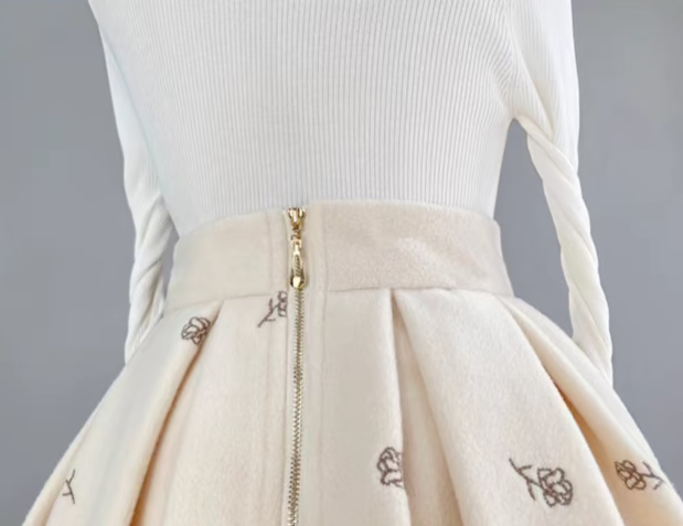 embroidered beige high waist original mid-length skirt