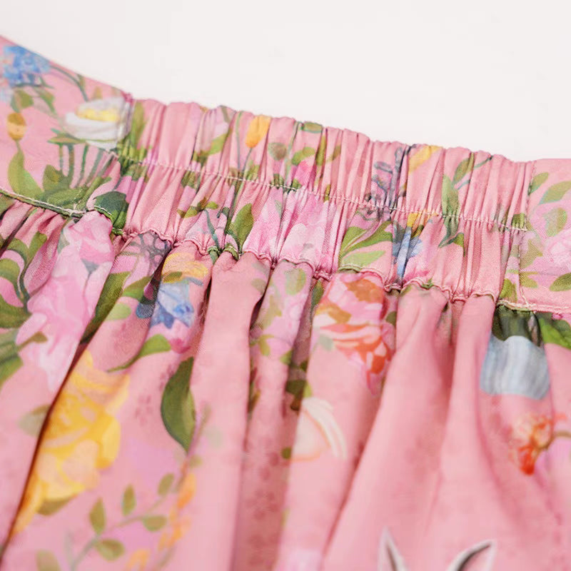 Retro Rose Rabbit Print High Waist Skirt