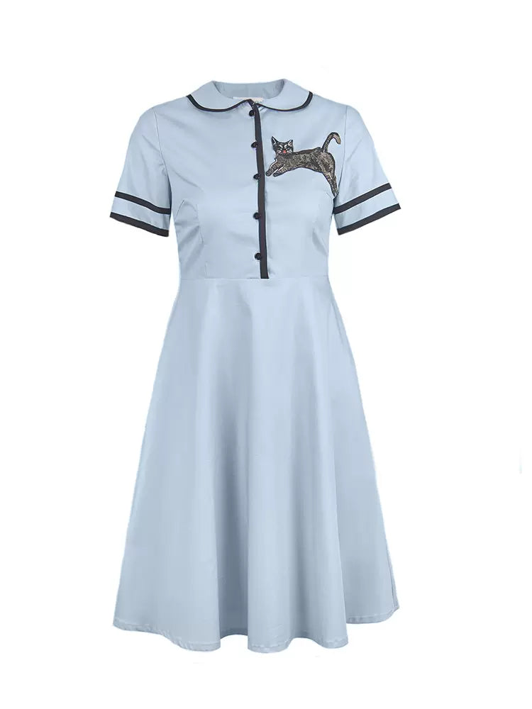 cat embroidered doll collar short-sleeved dress