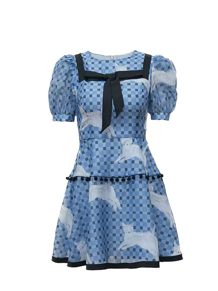 new blue and black cat print dress