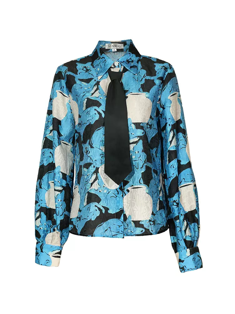 blue cat and vase print tie long-sleeved shirt