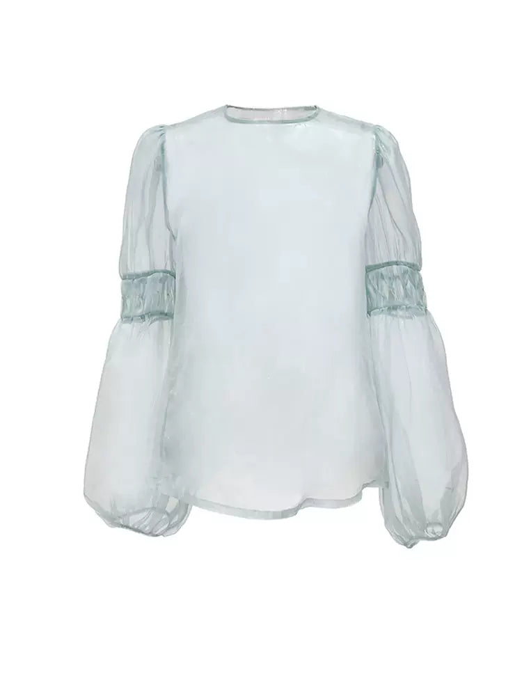 mint green hand-pleated silk see-through shirt