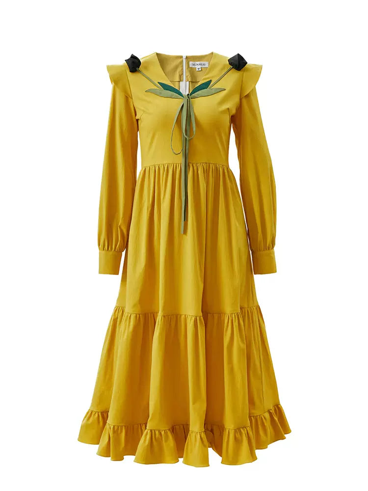 turmeric handmade three-dimensional flower lace dress