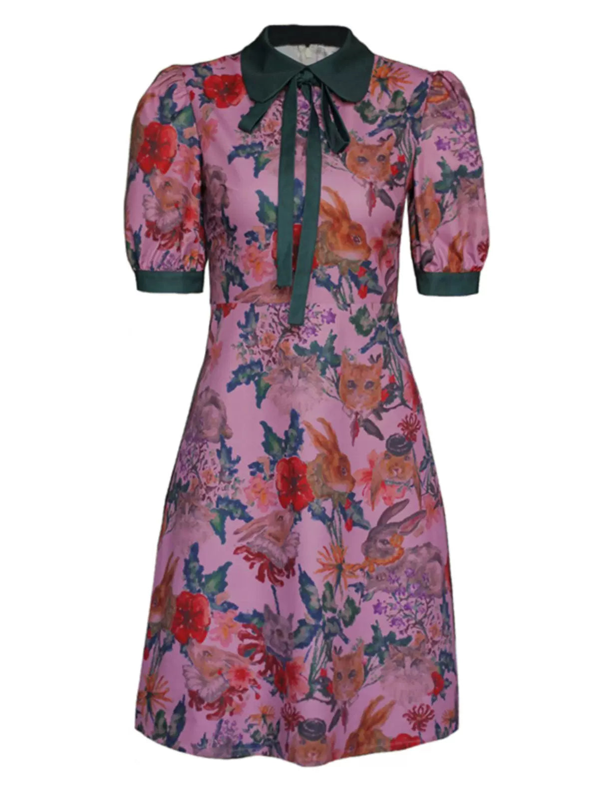 cat rabbit flower short-sleeved doll collar tie dress