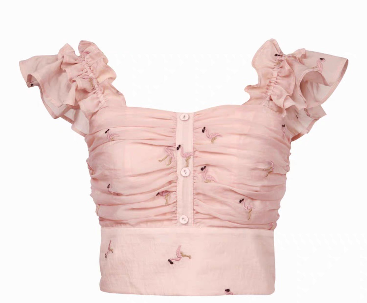 French short square collar flamingo embroidered top