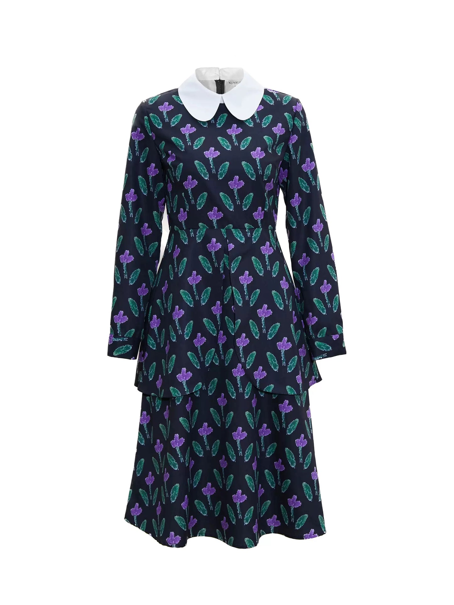 black bottom printed doll collar double hem dress