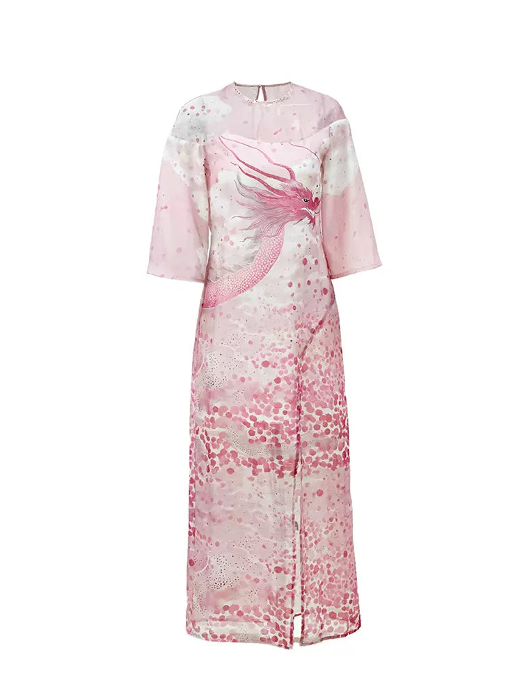 pink dragon print bell sleeves slit dress