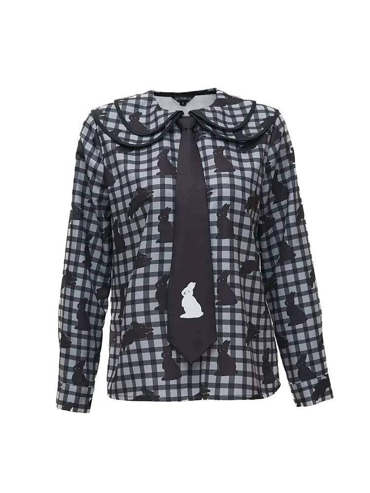 Black Rabbit Print Double-layer Collar Shirt