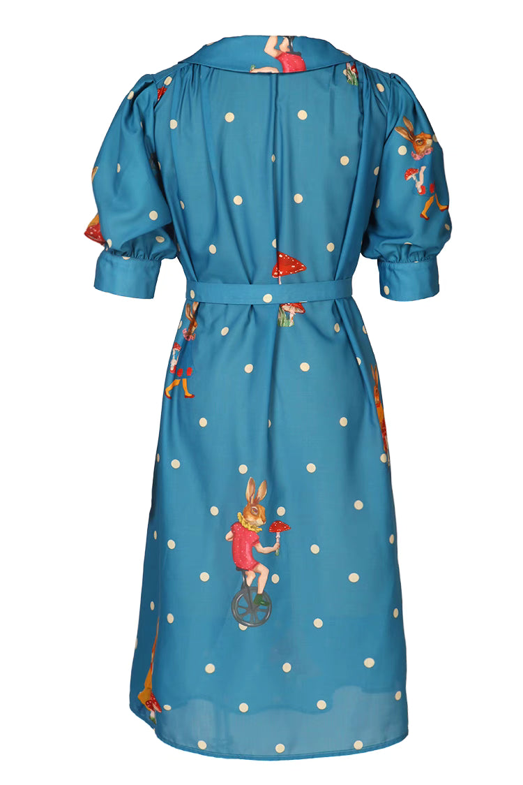 French Puff Sleeve Retro Cartoon Rabbit Dress