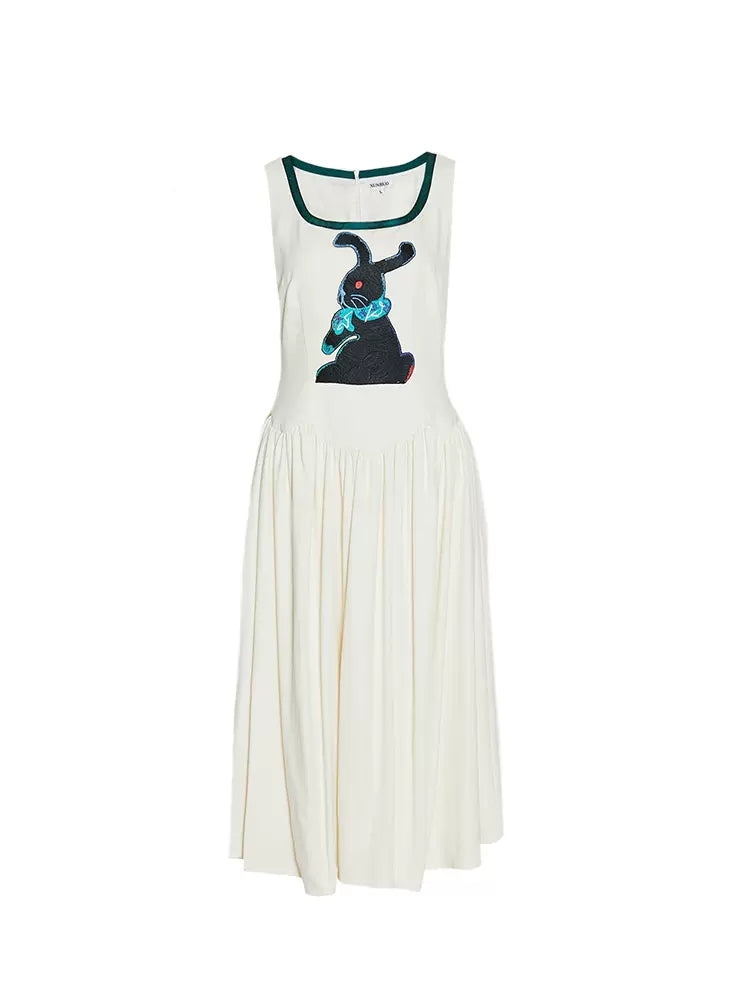 rabbit embroidered trim vest dress