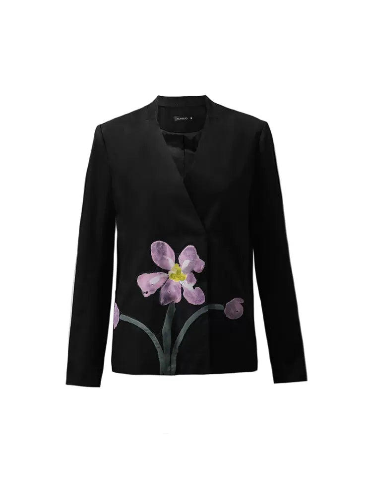 black collarless hand-painted flower patch jacket
