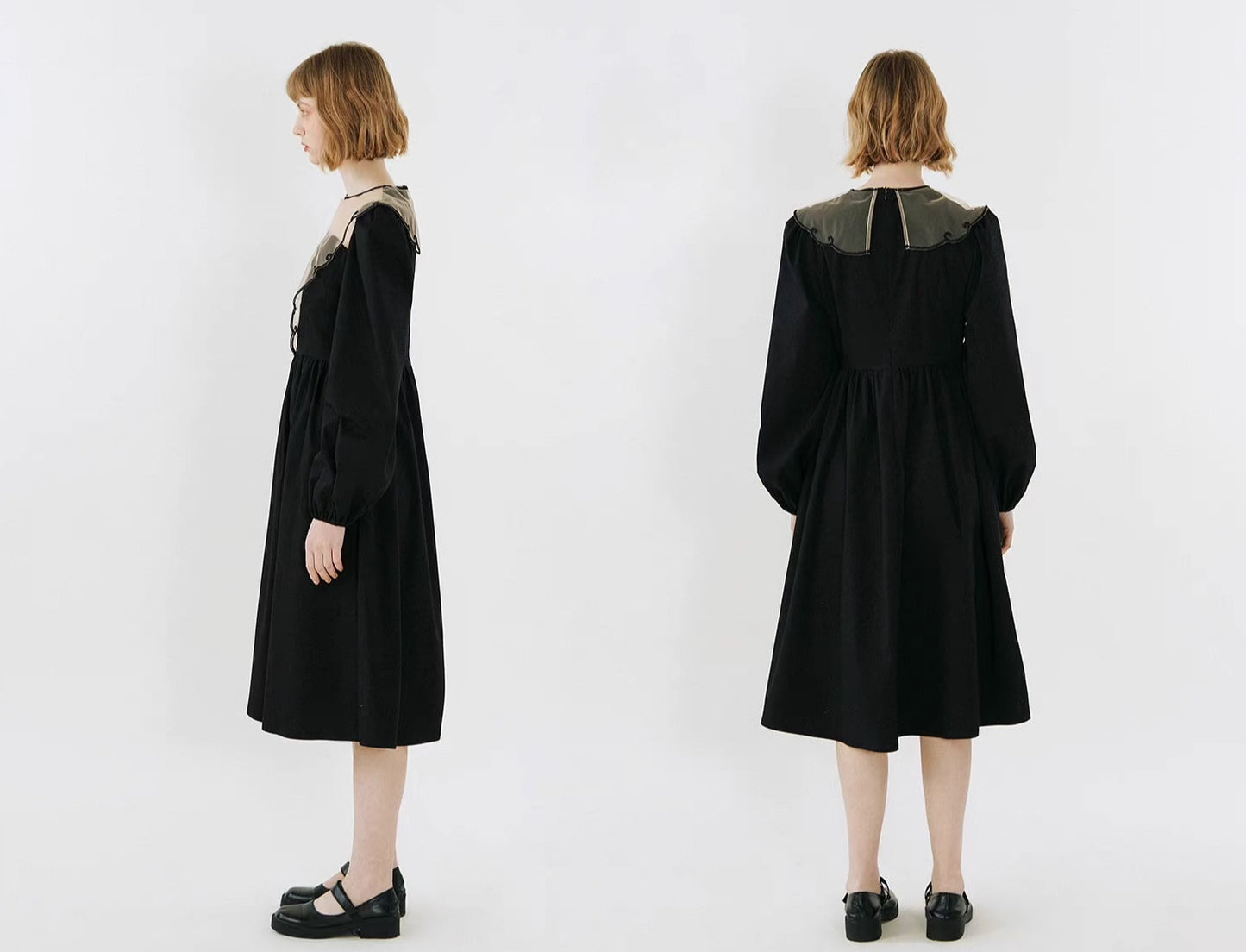 mesh hollow vase embroidery long sleeve dress