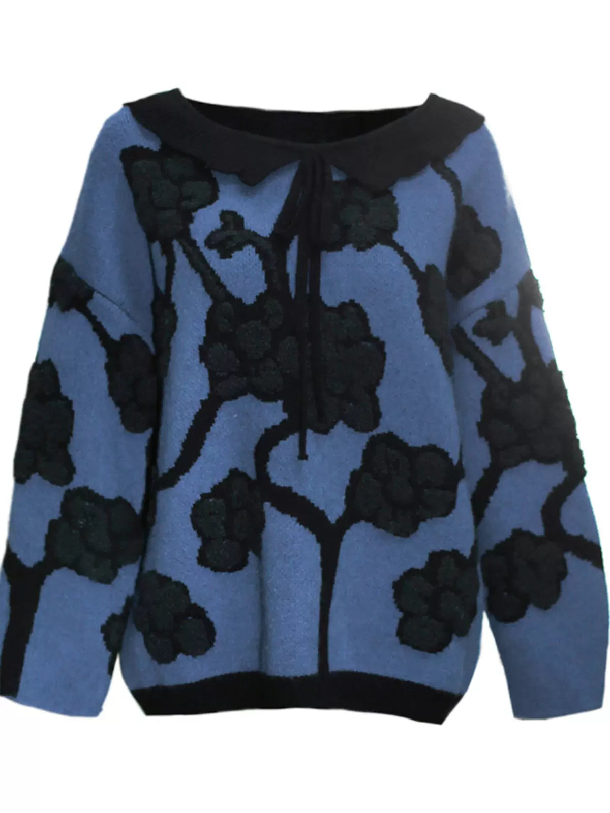 blue and black floral lace loose knit sweater