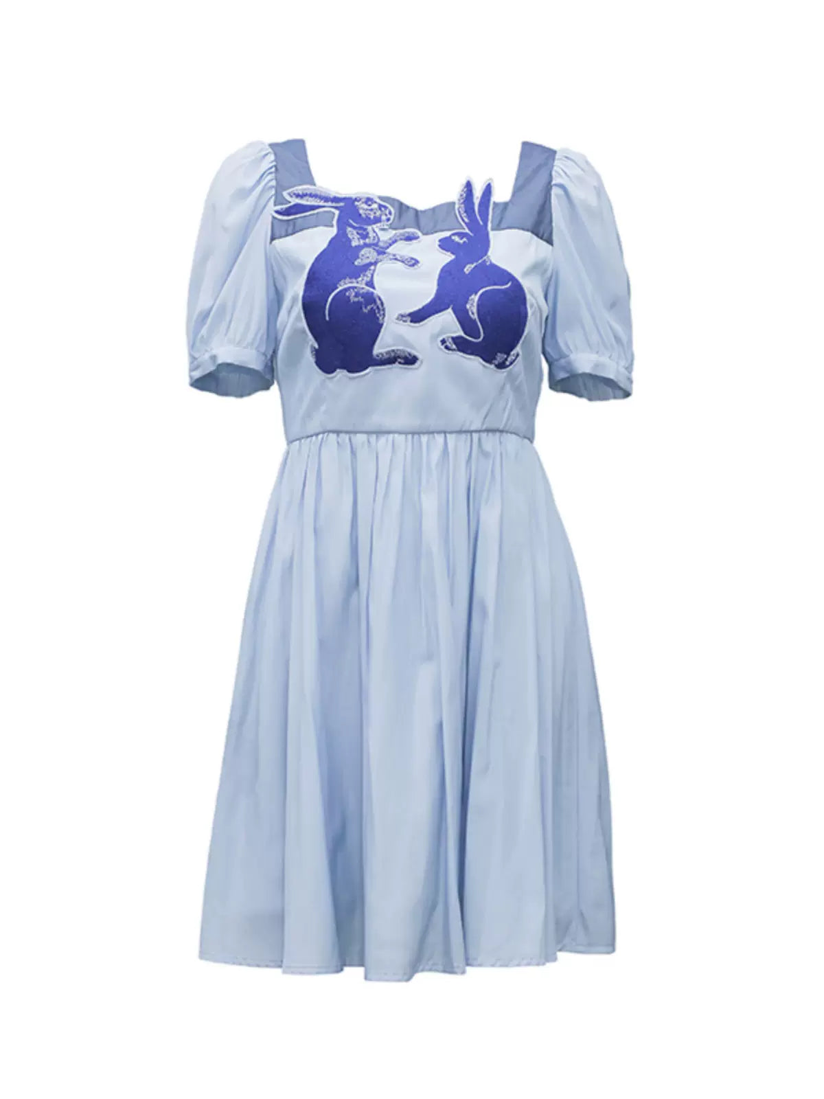 blue and white rabbit embroidered square-neck short-sleeved dress