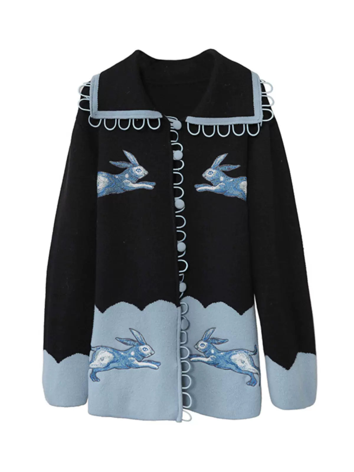 blue and white rabbit large lapel cardigan