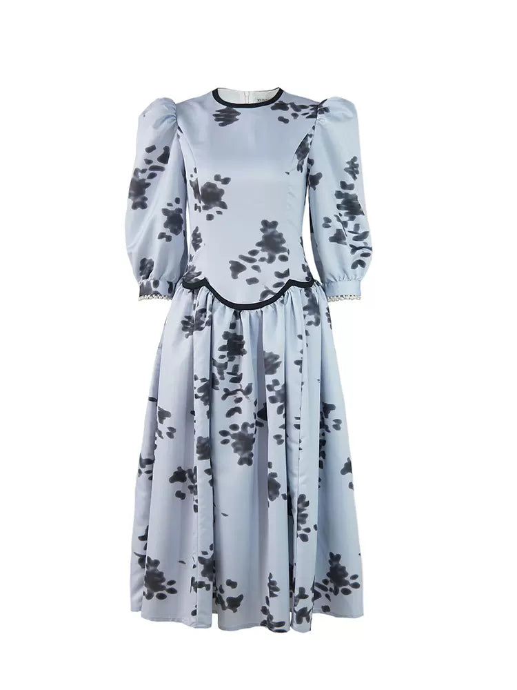 light blue ink floral three-quarter sleeves low waist stitching dress